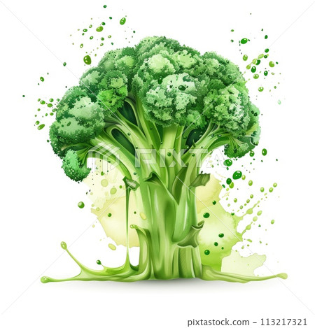 A dynamic watercolor of broccoli with lively splatters A dynamic watercolor of broccoli with lively splatters 113217321