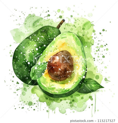 An avocado painted in watercolor, vibrant splashes adding movement to the image An avocado painted in watercolor, vibrant splashes adding movement to the image 113217327