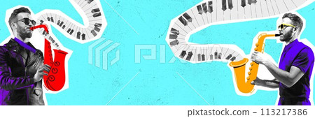 Stylish young man playing saxophone against blue background. Poster for music event. Contemporary art collage. 113217386