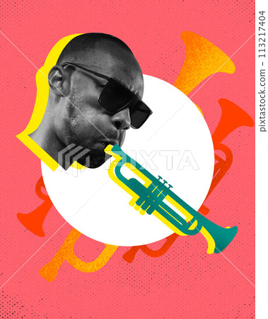 Monochrome image of man in sunglasses playing trumpet over pink background. Jazz concert. Live music, Contemporary art collage. 113217404