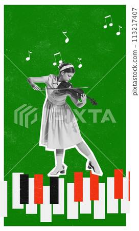 Monochrome image of young girl playing violin on piano keys on green background. Contemporary art collage. Monochrome image of young girl playing violin on piano keys on green background. Contemporary art collage. 113217407