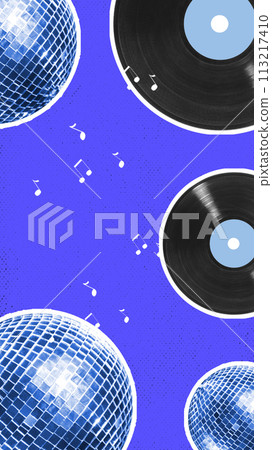 Vinyl records and disco balls on blue background, Nightclub party event with retro music. Contemporary art collage. 113217410