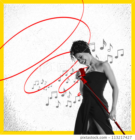 Monochrome image of talented young woman singing against white background with abstract line and music notes elements. Contemporary art collage. 113217427