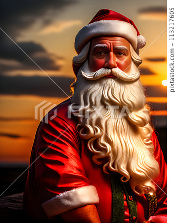Santa Claus sculpture glows in duotone sunset. 113217605
