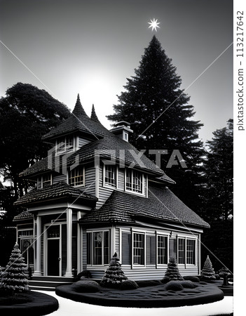 Festive house dusk art monochromatic design. 113217642