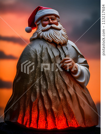 Santa Claus sculpture glows in duotone sunset. 113217684