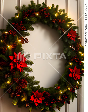Festive wreath distant view cozy glow 3D Festive wreath distant view cozy glow 3D 113217724
