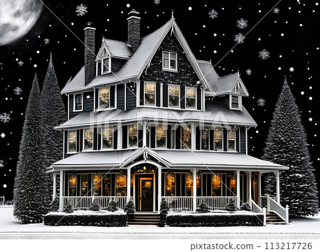 Dark blackandwhite Christmas house drawing. Dark blackandwhite Christmas house drawing. 113217726