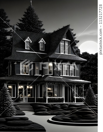 Festive house dusk art monochromatic design. 113217728