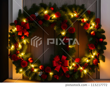 Festive wreath distant view cozy glow 3D Festive wreath distant view cozy glow 3D 113217772