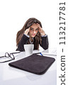 Stressed angry business woman with hands in head 113217781