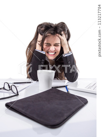 Stressed business woman pulling her hair Stressed business woman pulling her hair 113217784