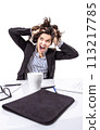Stressed business woman screaming and pulling hair 113217785