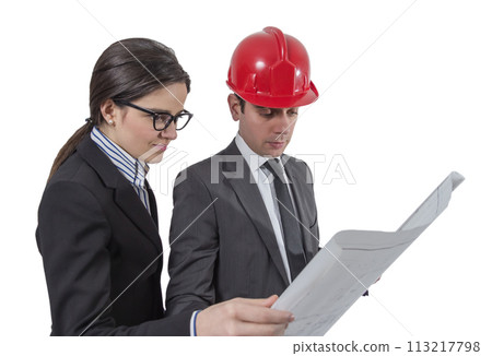 Couple of architects revising a house project on white background 113217798