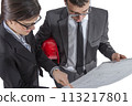 Couple of architects revising a house project on white background 113217801