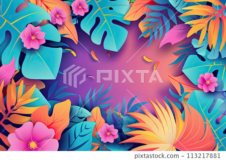 Colorful Tropical Summer background layout banners design. Horizontal poster, greeting card, header for website. Ai generative 113217881