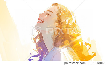 Profile of a woman looking up and laughing 113218066