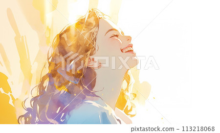 Profile of a woman looking up and laughing Profile of a woman looking up and laughing 113218068