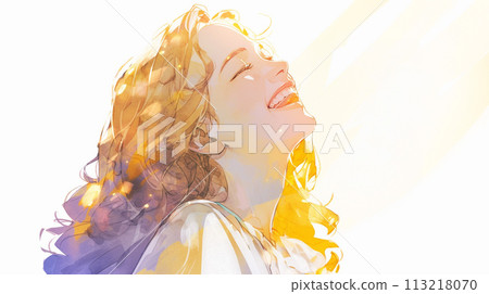 Profile of a woman looking up and laughing Profile of a woman looking up and laughing 113218070