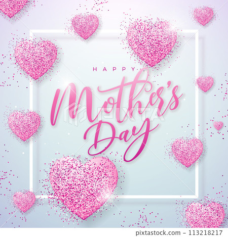 Happy Mother's Day Banner with Hearts and Typography Letter on Pink Background. Vector Mom Celebration Design with Symbol of Love for Postcard, Greeting Card, Flyer, Invitation, Brochure, Poster. Happy Mother's Day Banner with Hearts and Typography Letter on Pink Background. Vector Mom Celebration Design with Symbol of Love for Postcard, Greeting Card, Flyer, Invitation, Brochure, Poster. 113218217