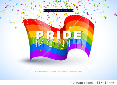 LGBTQ Pride Month Illustration with Rainbow Flag and Colorful Confetti on White Background. Love is Love Human Rights or Diversity Concept. Vector LGBT Event Banner Design for Postcard, Banner 113218226