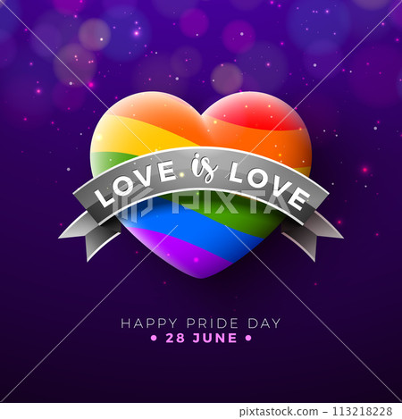 Happy Pride Day LGBTQ Illustration with Rainbow Heart and colorful Party Flag on Purple Background. 28 June Love is Love Human Rights or Diversity Concept. Vector LGBT Event Banner Design for Postcard 113218228