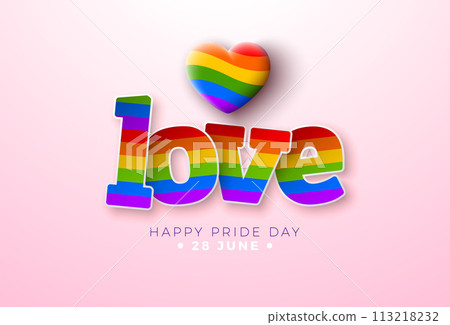 Happy Pride Day LGBTQ Illustration with Rainbow Heart and Colorful Cut Out Love Text Label on Pink Background. 28 June Love is Love Human Rights or Diversity Concept. Vector LGBT Event Banner Design 113218232
