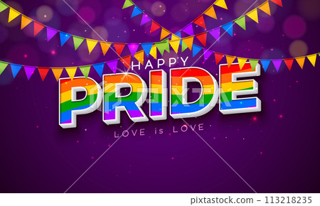 LGBTQ Pride Month Illustration with Rainbow Color 3d Text Label and Colorful Party Flag on Purple Background. Love is Love Human Rights or Diversity Concept. Vector LGBT Event Banner Design for 113218235