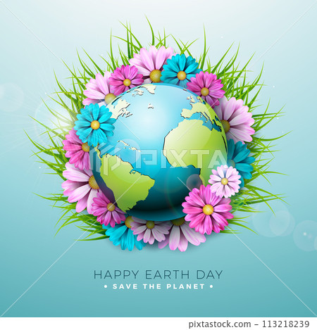 Save the Planet. Happy Earth Day Illustration with Spring Flower on Blue Background. World Map on April 22 Environmental and Eco Concept with Typography Lettering. Vector Design for Postcard, Banner 113218239