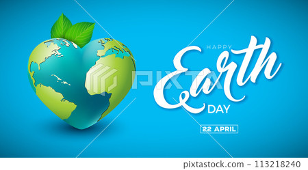 Earth Day Illustration with Planet in the Heart on Blue Background. World Map on April 22 Environmental and Eco Concept with Typography Lettering. Vector Design for Postcard, Banner, Greeting Card Earth Day Illustration with Planet in the Heart on Blue Background. World Map on April 22 Environmental and Eco Concept with Typography Lettering. Vector Design for Postcard, Banner, Greeting Card 113218240
