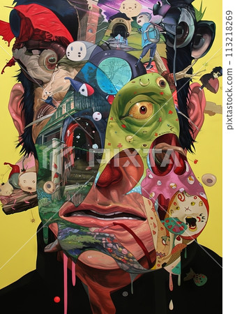 Surreal portrait composed of of characters and elements symbolizing horror, fantasy, dreams. 113218269