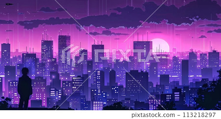Rear view of man looking on city in deep blue night with full moon hanging high with buildings of all shapes and sizes silhouetted against night sky. 113218297