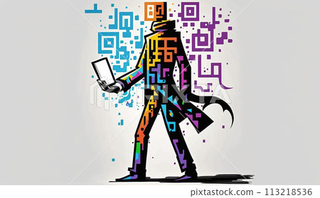 Human QR Code (a person as flat as a QR code): AI/digital-thinking human Human QR Code (a person as flat as a QR code): AI/digital-thinking human 113218536