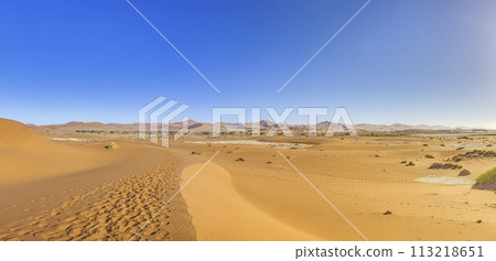 Panoramic picture of the red dunes of the Namib Desert with footprints in the sand against blue sky 113218651