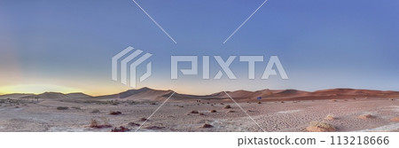 Panoramic picture of the Namib Desert near Sossusvlei in Namibia in the first morning light 113218666