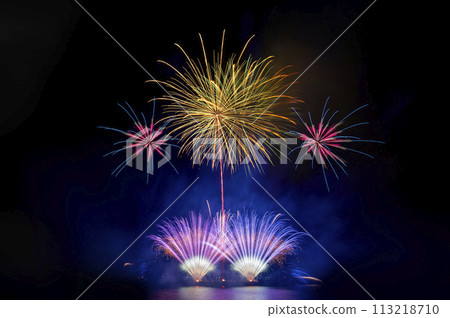 colourful firework display set for celebration happy new year and merry christmas and fireworks on black background colourful firework display set for celebration happy new year and merry christmas and fireworks on black background 113218710