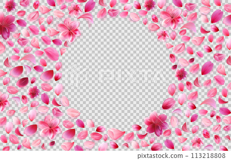 Sakura petals png lying on checkered grey background. Round flower frame. Stock vector illustration isolated on white background in realistic style. Sakura petals png lying on checkered grey background. Round flower frame. Stock vector illustration isolated on white background in realistic style. 113218808