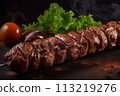 Grilled pork on metal skewers roasted on grill, tomato and lettuce leaves on wooden cutting board Grilled pork on metal skewers roasted on grill, tomato and lettuce leaves on wooden cutting board 113219276