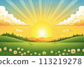 Spring summer natural background of rising sun in blue sky with white clouds over the green flowering meadow Spring summer natural background of rising sun in blue sky with white clouds over the green flowering meadow 113219278