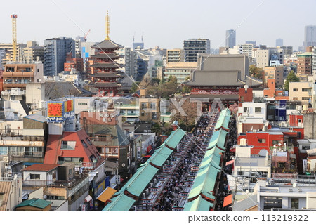 Asakusa: Nakamise Street at Sensoji Temple, crowded with tourists 113219322