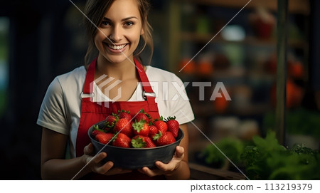 A young woman wearing an apron smiles while holding a bowl full 113219379