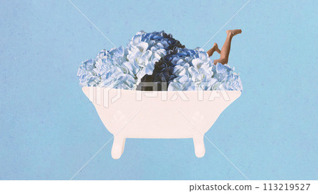 Poster. Contemporary art collage. Young woman flying to bath full of flowers against blue background. Pop art. 113219527