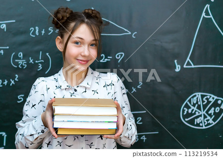 Girl schoolgirl with four books in her hands, concept of school life preparing for exams 113219534