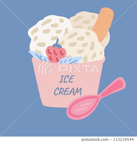 Vanilla ice cream flat design box with spoon Vanilla ice cream flat design box with spoon 113219544