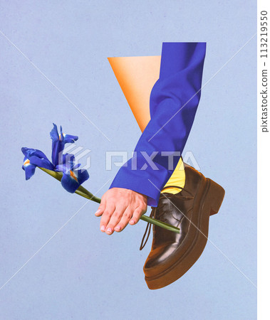 Poster. Contemporary art collage. Female hand holding blue flower, iris near leg in shoe against blue background. Poster. Contemporary art collage. Female hand holding blue flower, iris near leg in shoe against blue background. 113219550