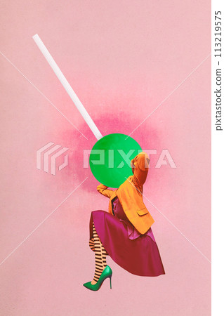 Poster. Contemporary art collage. Abstract artwork with lollipop-headed figure in stylish attire and heeled shoes. Poster. Contemporary art collage. Abstract artwork with lollipop-headed figure in stylish attire and heeled shoes. 113219575