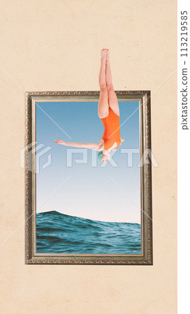 Poster. Contemporary art collage. Young woman, swimmer flying into picture with ocean waves against beige background. Poster. Contemporary art collage. Young woman, swimmer flying into picture with ocean waves against beige background. 113219585