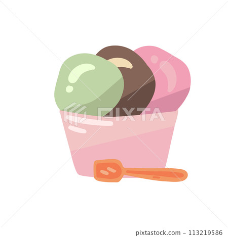 Flat design ice cream set in a cup with orange spoon 113219586