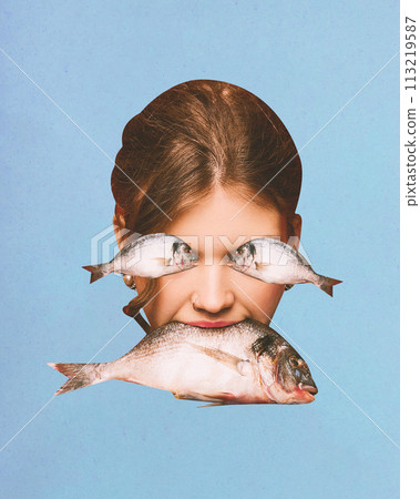 Poster. Contemporary art collage. Surreal portrait of person with fish positioned over eyes and hold one in mouth against blue background. Poster. Contemporary art collage. Surreal portrait of person with fish positioned over eyes and hold one in mouth against blue background. 113219587