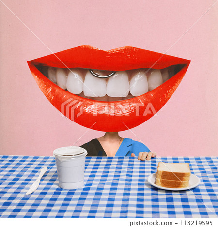 Poster. Contemporary art collage. Young woman with lips instead of head sitting at desk with cup of coffee and toasts. 113219595